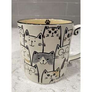 Hand Painted KELLY CAT Faces Embossed 21oz Mug Cream Black Yellow Repeat Cats